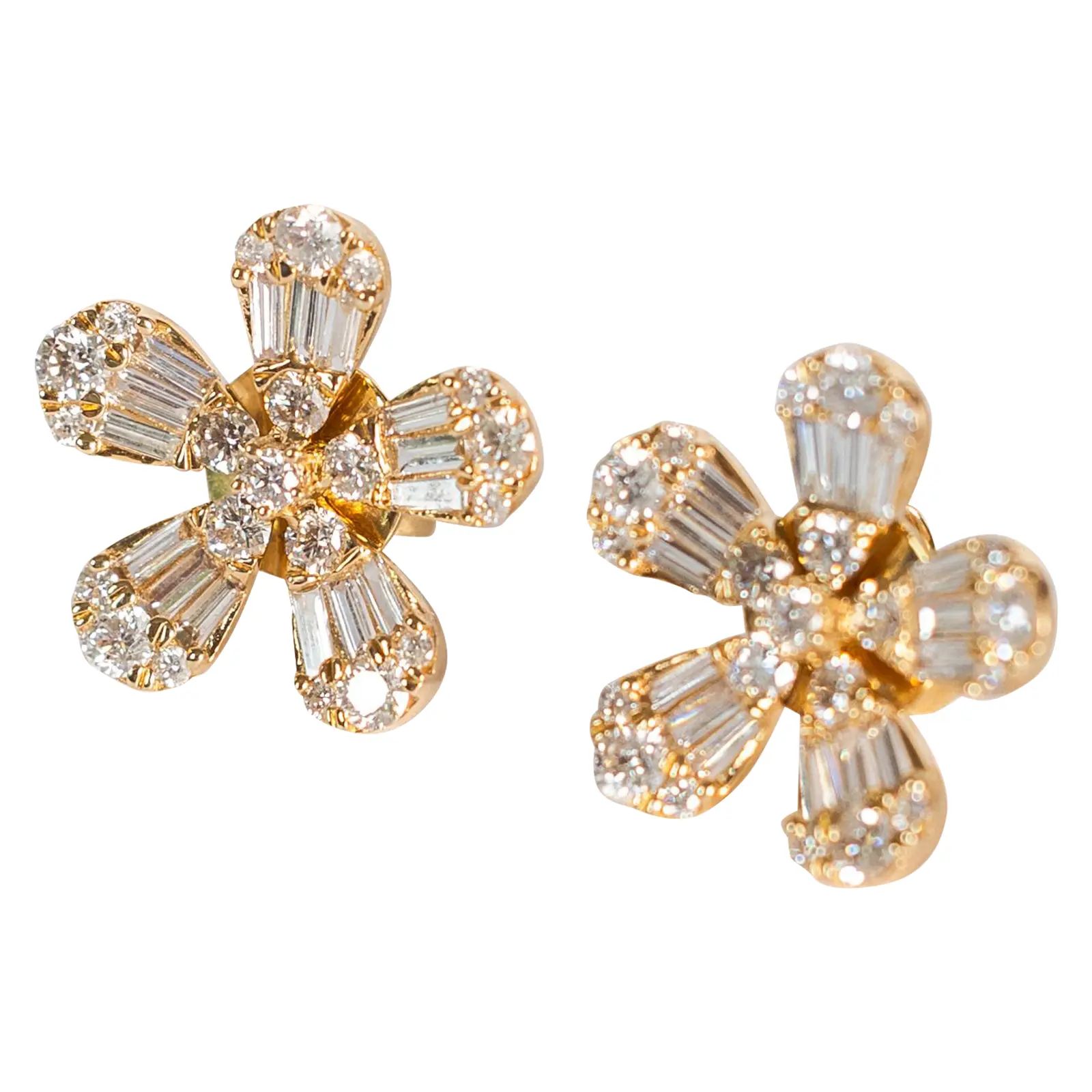 Rocks With Soul Yellow Gold Large Flower Baguette Studs - 2 Pieces | Chairish