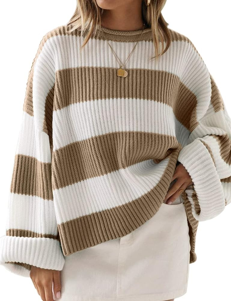 ZESICA Women's Long Sleeve Crew Neck Striped Color Block Comfy Loose Oversized Knitted Pullover S... | Amazon (US)