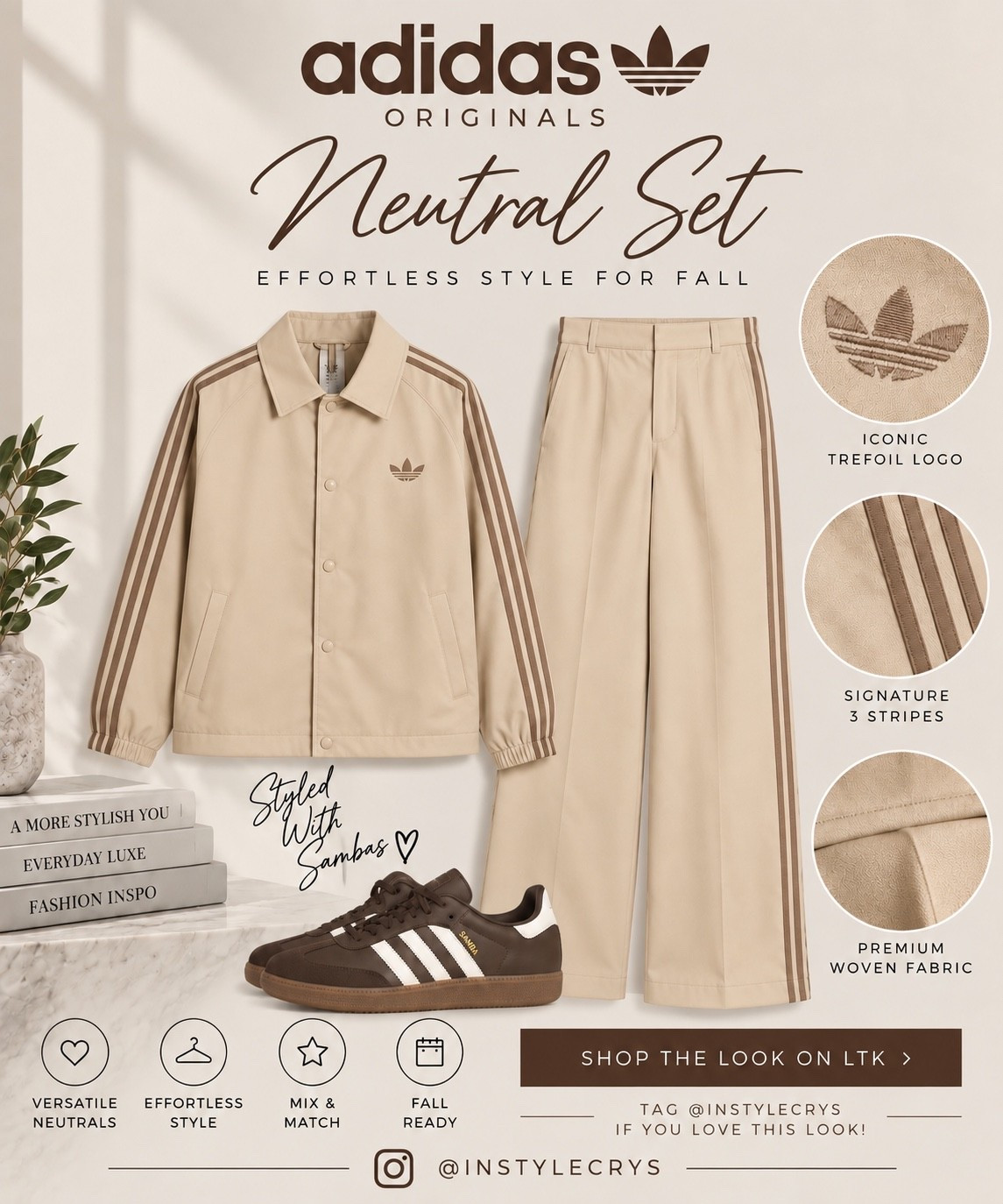 Neutral adidas, but make it fall 🤎🍂 This beige adidas Originals set paired with chocolate brown Sambas is the perfect mix of sporty, polished + effortless. The wide-leg track pants and matching 3-Stripes jacket make an easy elevated everyday look for fall.

#ltkstyle #outfitinspo

#LTKootd #LTKTravel