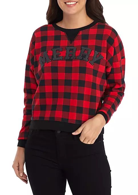 Long Sleeve Plaid Merry Cropped Sweatshirt | Belk