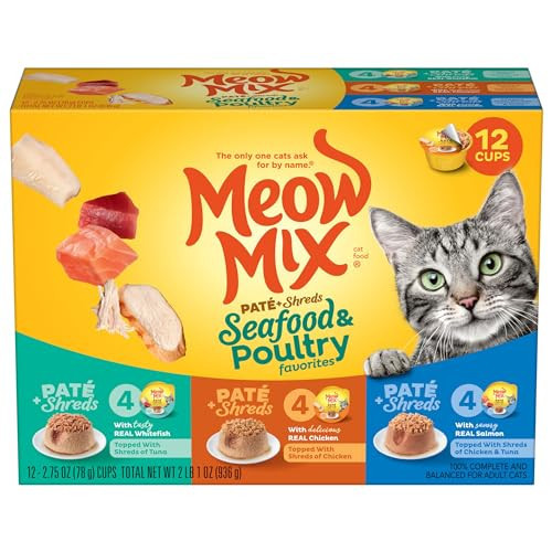 Meow Mix Paté & Shreds Wet Cat Food Variety Pack, Seafood & Poultry Favorites, 2.75 Ounce Cup (Pack of 12) | Amazon (US)