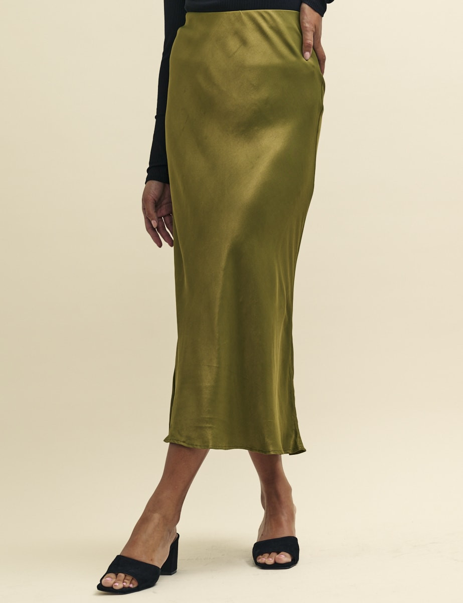 Olive Green Mila Satin Slip Midi Skirt | Nobody's Child