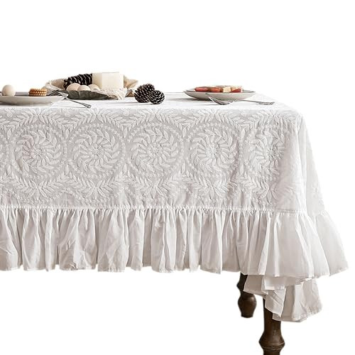 patdrea Vintage Ruffle Tablecloth for Rectangle Tables,Farmhouse Embroidered Cotton White Lace Table Cloth Cover Decor for Dining Room Wedding Banquet Thanksgiving Christmas,59"*91" | Amazon (US)