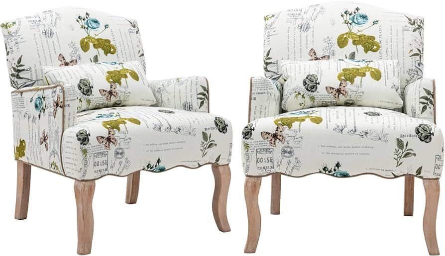 CIMOO Floral Accent Chair Set of 2 Linen Fabric Modern Arm Chair with Removable Pillow Upholstere... | Amazon (US)