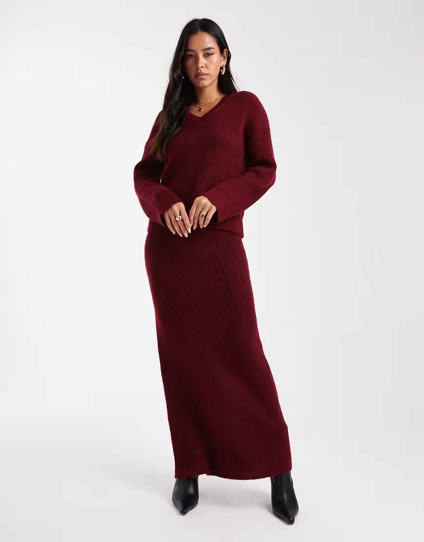 4th & Reckless ribbed knitted maxi skirt co-ord in burgundy-Red | ASOS (Global)