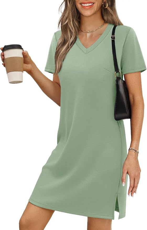 RUMIA Summer Dresses for Women 2026 V-Neck Casual Sundresses T-Shirt Dress | Amazon (US)