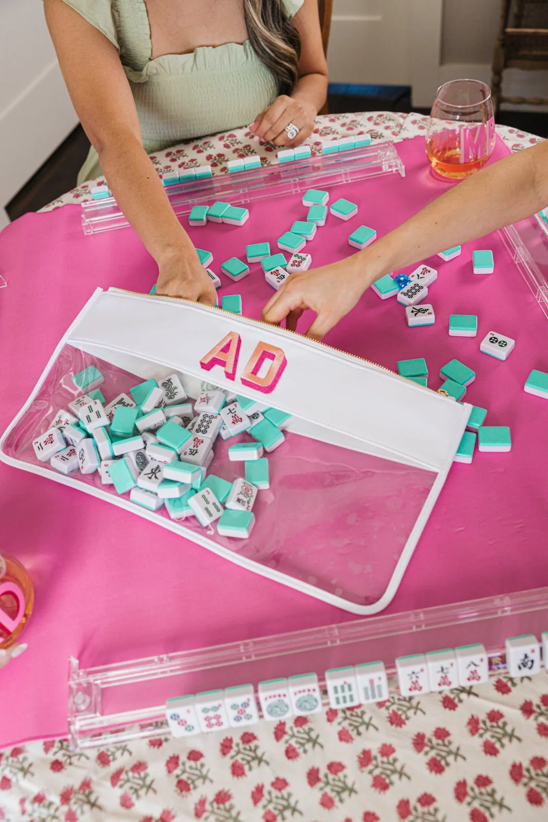 Mahjong Tiles Flat Clear Pouch | Sprinkled With Pink