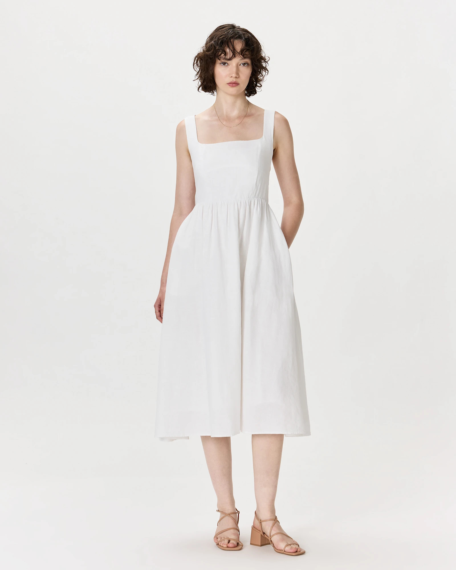 Quince | Women's 100% European Linen Fit & Flare Midi Dress in White, Size XS | Quince