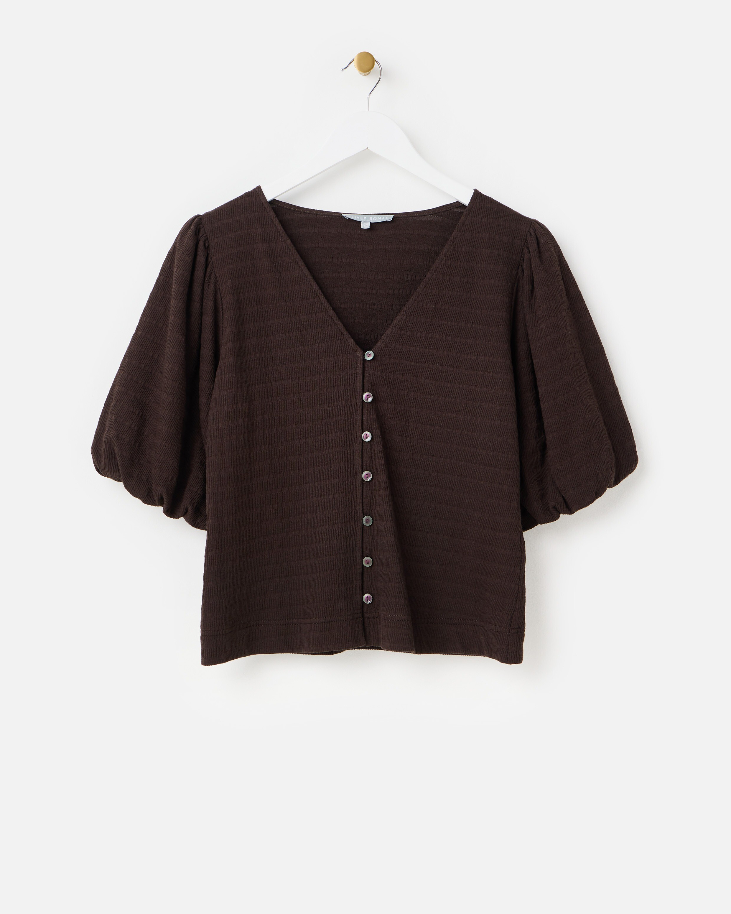 Chocolate Brown Textured Button Up Puff Sleeve Top | Oliver Bonas | Oliver Bonas (Global)