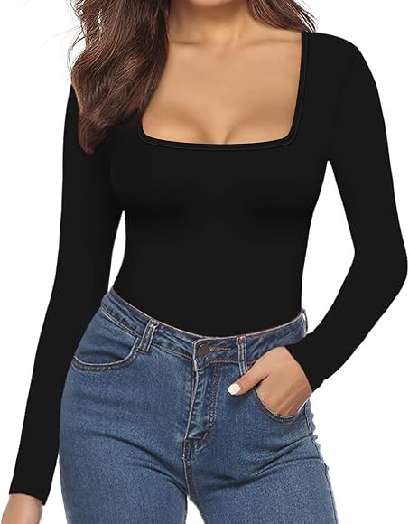MANGOPOP Square Neck Short Sleeve Long Sleeve Bodysuit Tops for Women Leotard Shirts | Amazon (CA)