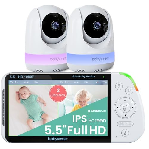 Babysense 5.5” 1080p Full HD Split-Screen Baby Monitor, Video Baby Monitor with 2 Cameras and Audio, 6-Color RGB Night Light, 1000ft Range, Two-Way Audio, 4X Zoom, 5000mAh Battery | Amazon (US)