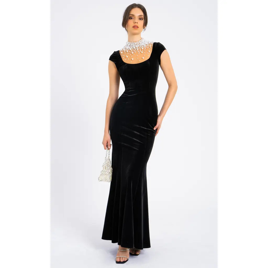 Miss Circle Rachael Velvet Pearl Embellished Gown in Black at Nordstrom, Size X-Small | Nordstrom