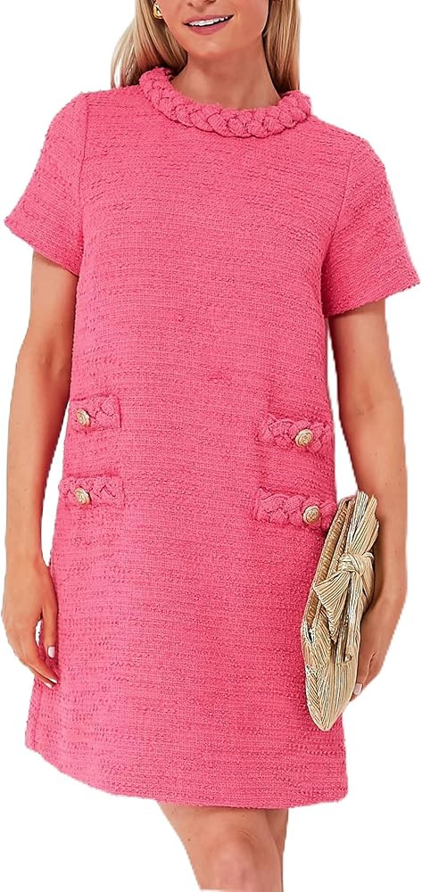 Ladyful Womens Tweed Jackie Dress Short Sleeve Elegant Crew Neck Business Party Vintage Button Bo... | Amazon (US)