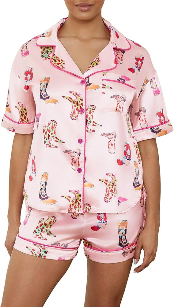 Cowboy Boot Pajamas For Women Cute Silk Satin Preppy Pjs Shorts Y2k Printed 2 Piece Button Down P... | Amazon (US)