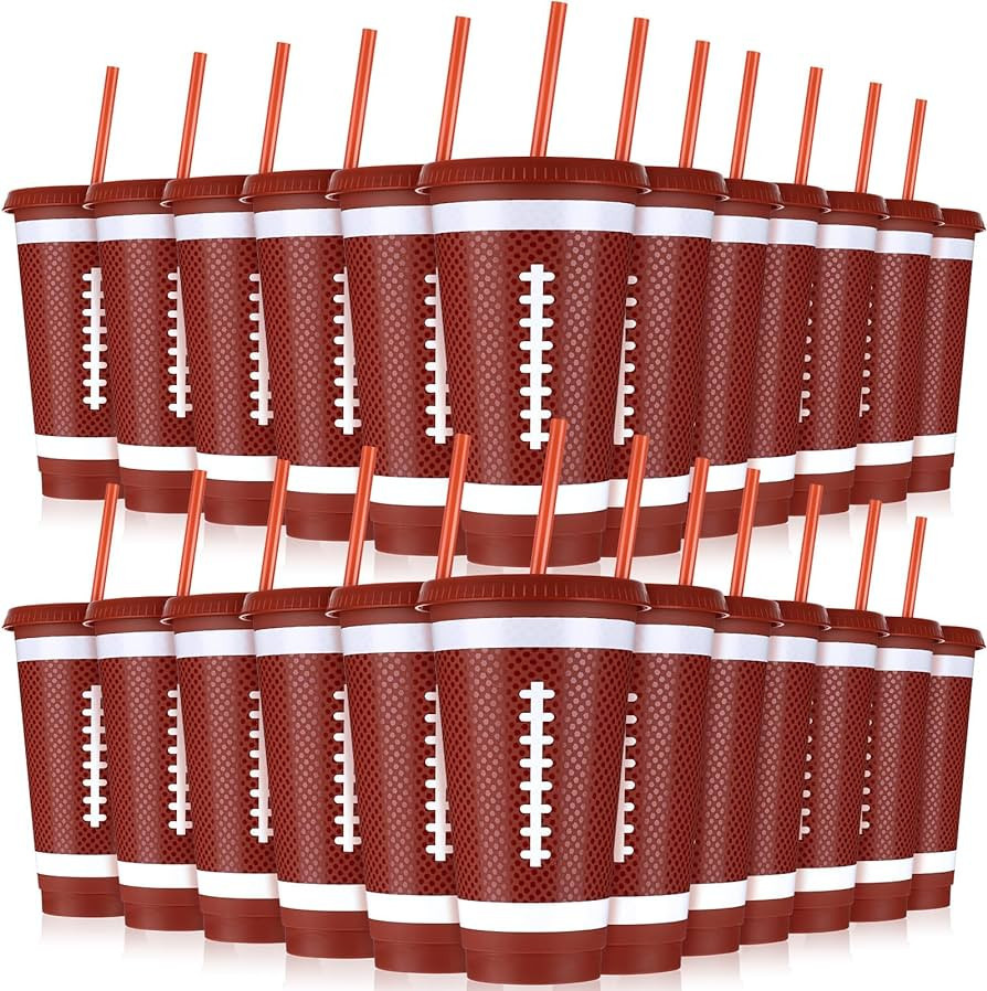 Bokon 12 Pcs Football Plastic Cups with Straw and Lid, Football Party Supplies 24 oz Disposable F... | Amazon (US)