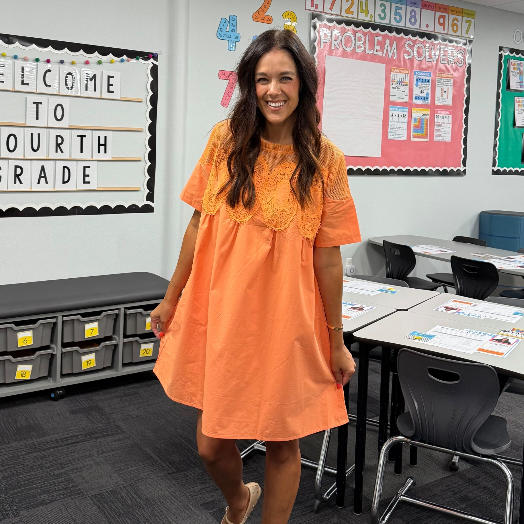 Teacher dress for back to school! It’s orange and a babydoll style! 