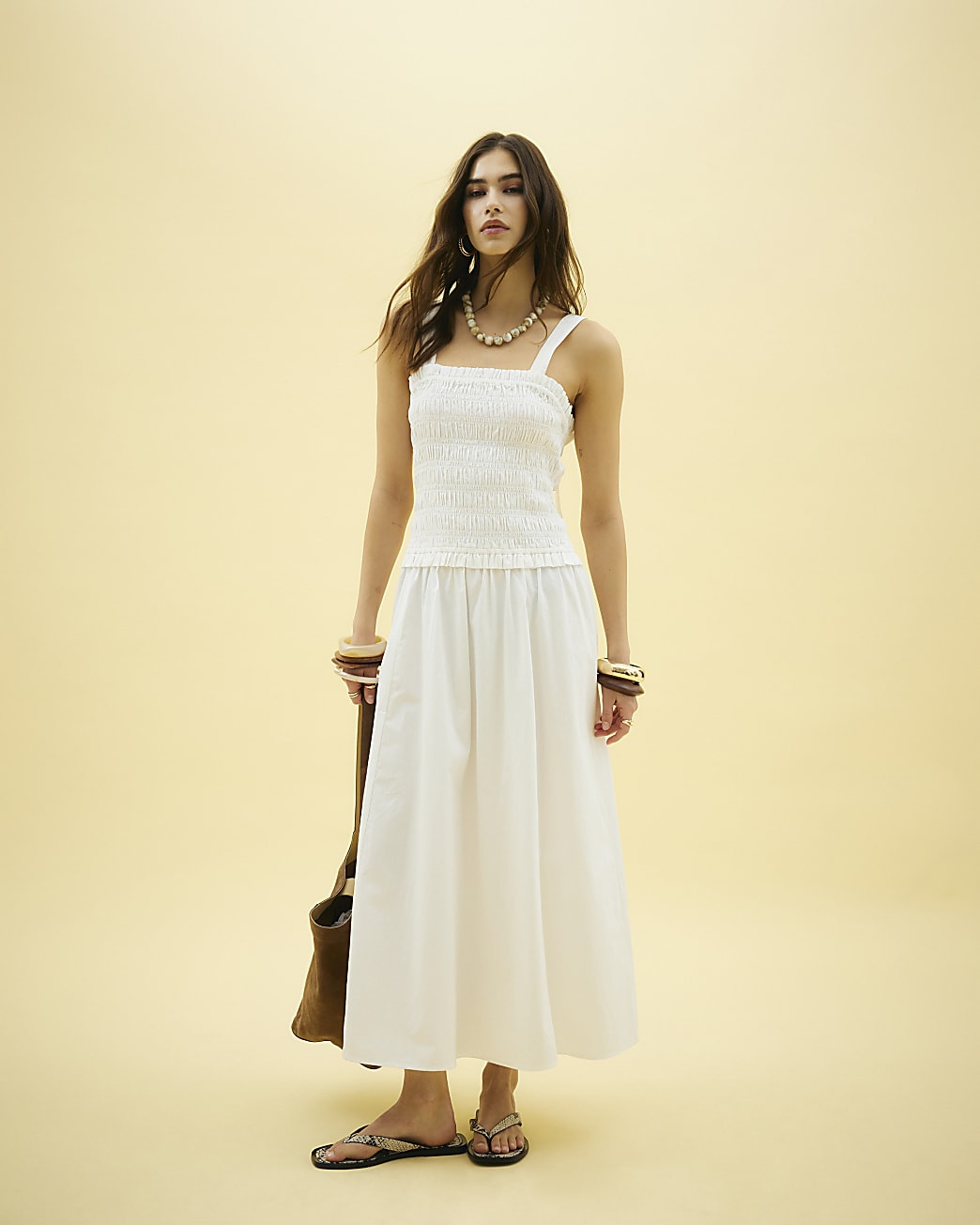 White Shirred Midi Dress | River Island UK & IE