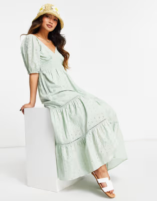 ASOS DESIGN broderie shirred waist lace insert maxi dress in sage green | ASOS (Global)