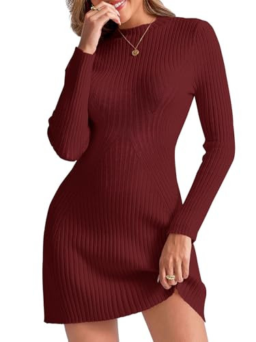 Saodimallsu Womens Long Sleeve Sweater Dress Bodycon Crew Neck Fall Slimming Knit Mini Dresses Burgundy | Amazon (US)