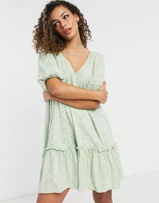 ASOS DESIGN broderie V-neck smock dress with puff sleeves in sage green | ASOS (Global)