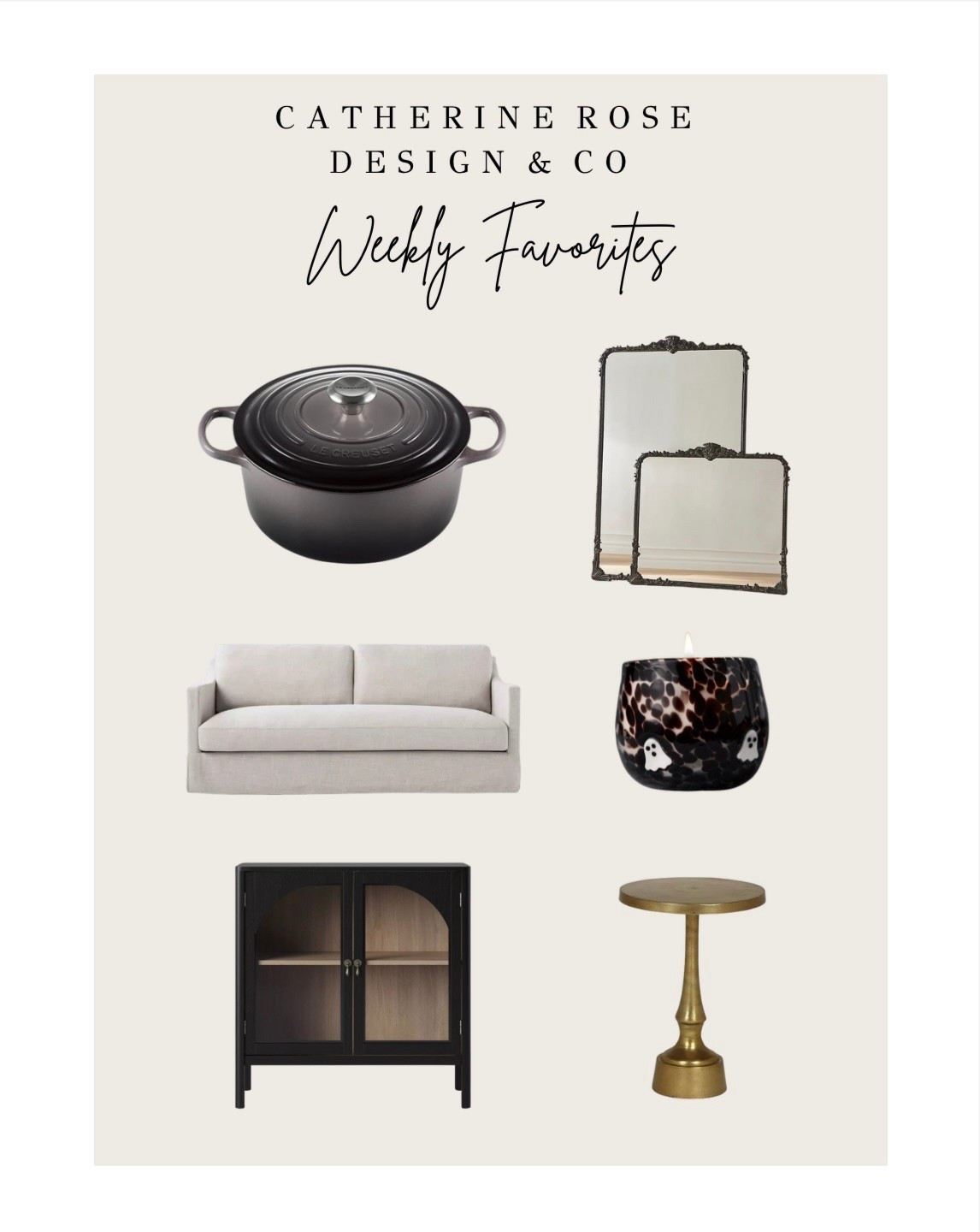 ✨ Weekly Faves ✨
A mix of timeless pieces and cozy touches I’m loving right now:
•	A classic Le Creuset for all the fall soups & stews 
•	Vintage-inspired mirrors to layer & add charm 
•	A clean-lined sofa that works in any space 
•	The chicest little cabinet for hidden storage 
•	A warm brass pedestal table for extra style 
•	And a moody candle that sets the vibe 🕯️

Shop the edit directly here 🤍


#LTKU #LTKHome #LTKStyleTip