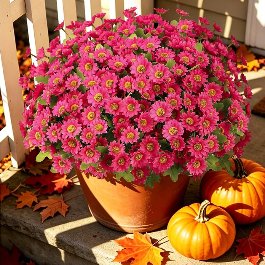 Artificial Daisy Mums for Outdoors, 12 PCS Fall Flowers, Fuchsia | Amazon (US)