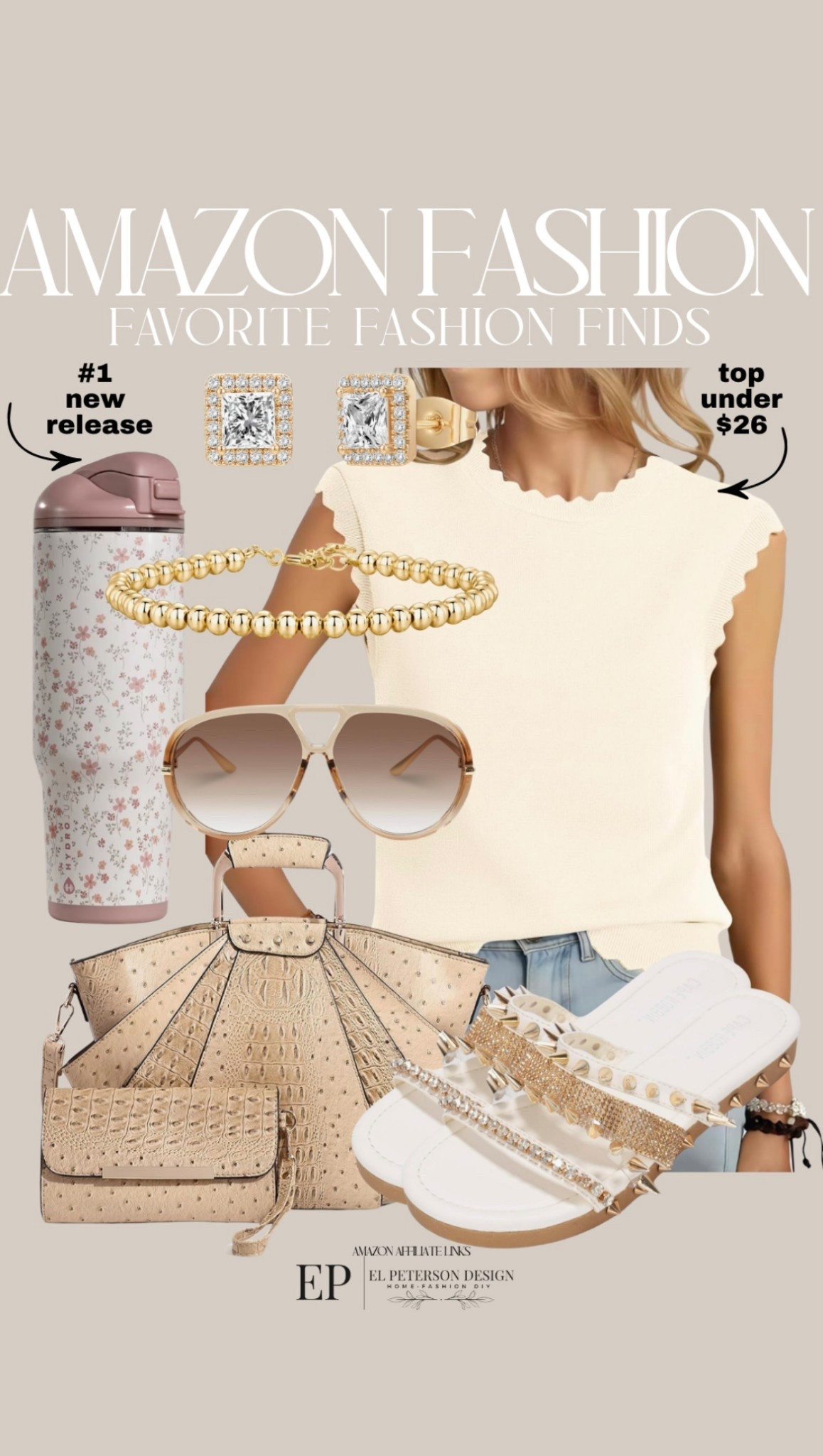 Amazon
Top
Sunglasses
Bracelet
Tumbler
Purse
Earrings
Sandals 
Jeans 