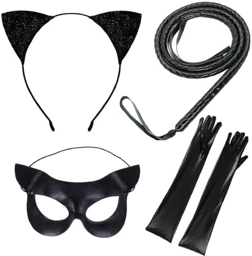 4PCS Halloween Cat Costume Accessories for Women, Cat Woman Black Mask Ear Headband Long Whip and... | Amazon (US)