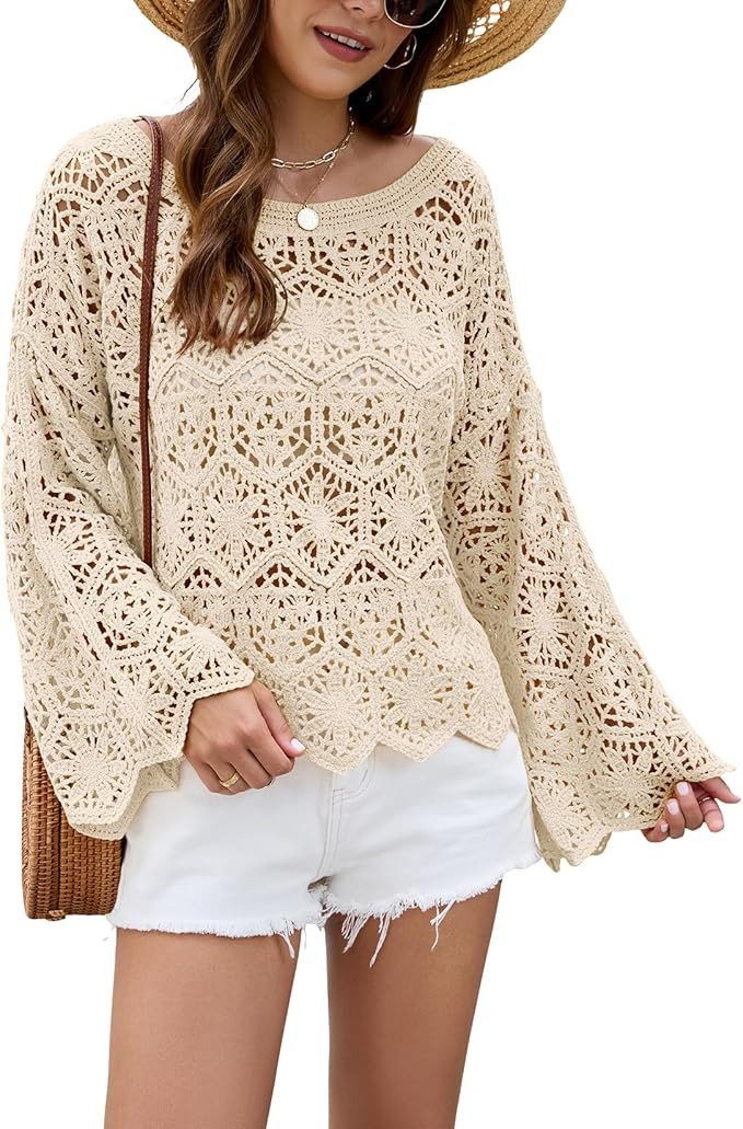 Allimy Womens Oversized Long Bell Sleeve Boat Neck Crochet Tops Hollow Out Knit Sweater Pulllover... | Amazon (US)