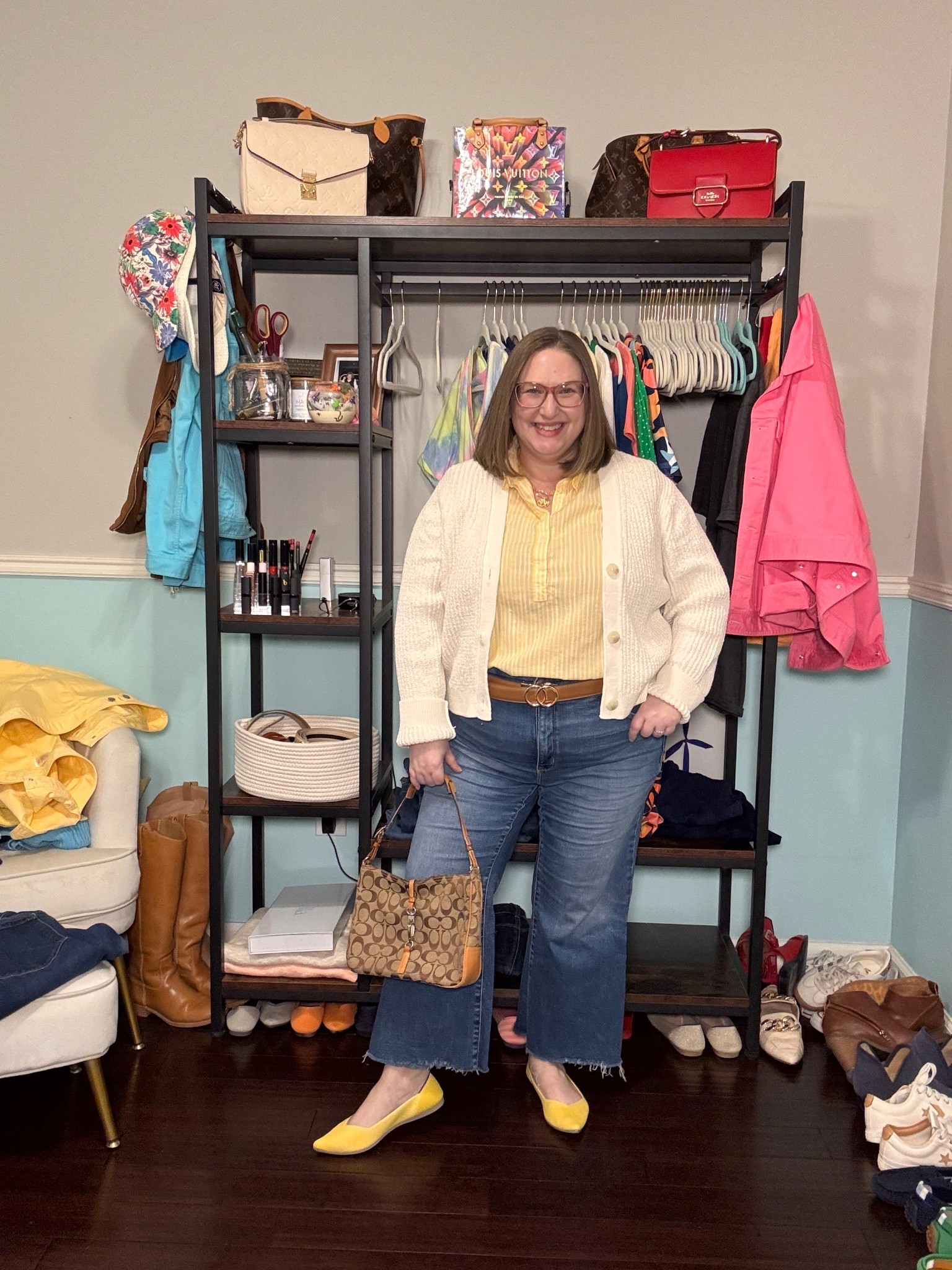 The tops & cardigan listed below come in the colors I’m wearing: yellow and cream  

I linked the jeans I’m wearing, but they are very limited it size  

Belt is from Bella belts, but I can’t link them  

Shoes are Rothy’s points (original)  

#LTKootd #LTKPlusSize #LTKPetite