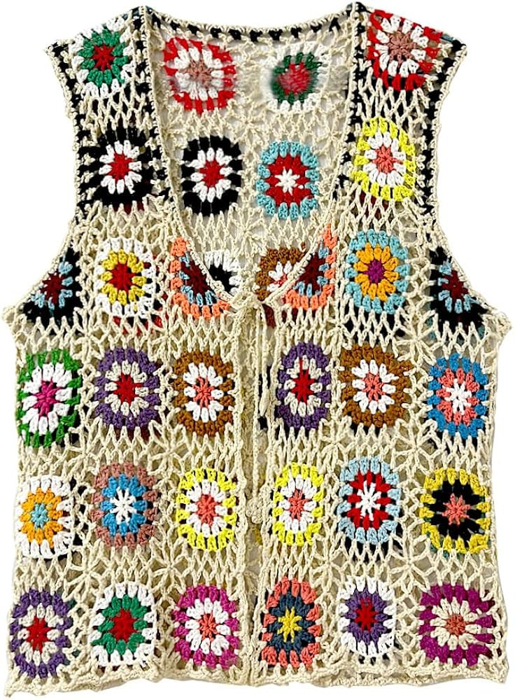 Crochet African Flower Granny Square Crochet Vest, Color Block Sweater, Knitted Multicolor Open F... | Amazon (US)