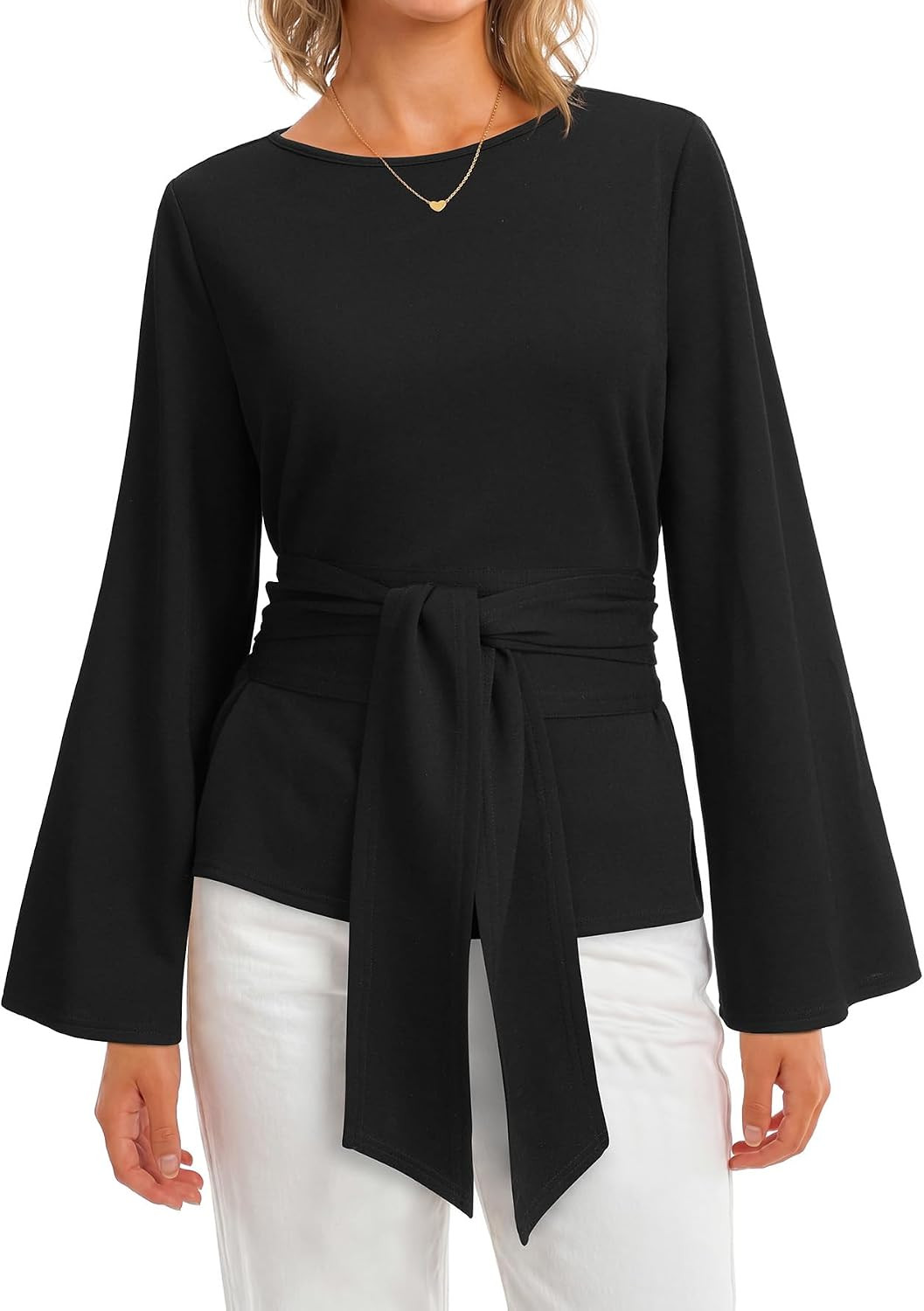 KIFOVEN Women's Tie Front Bell Long Sleeve Tunic Tops | Amazon (US)