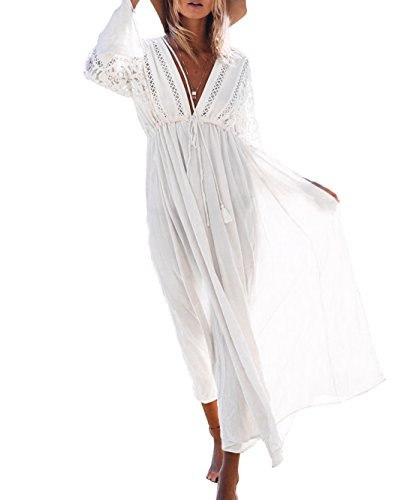BIYOUTH Women's Deep V-Neck Bell Sleeve Boho Lace Beach Dress Maxi Dress | Amazon (US)