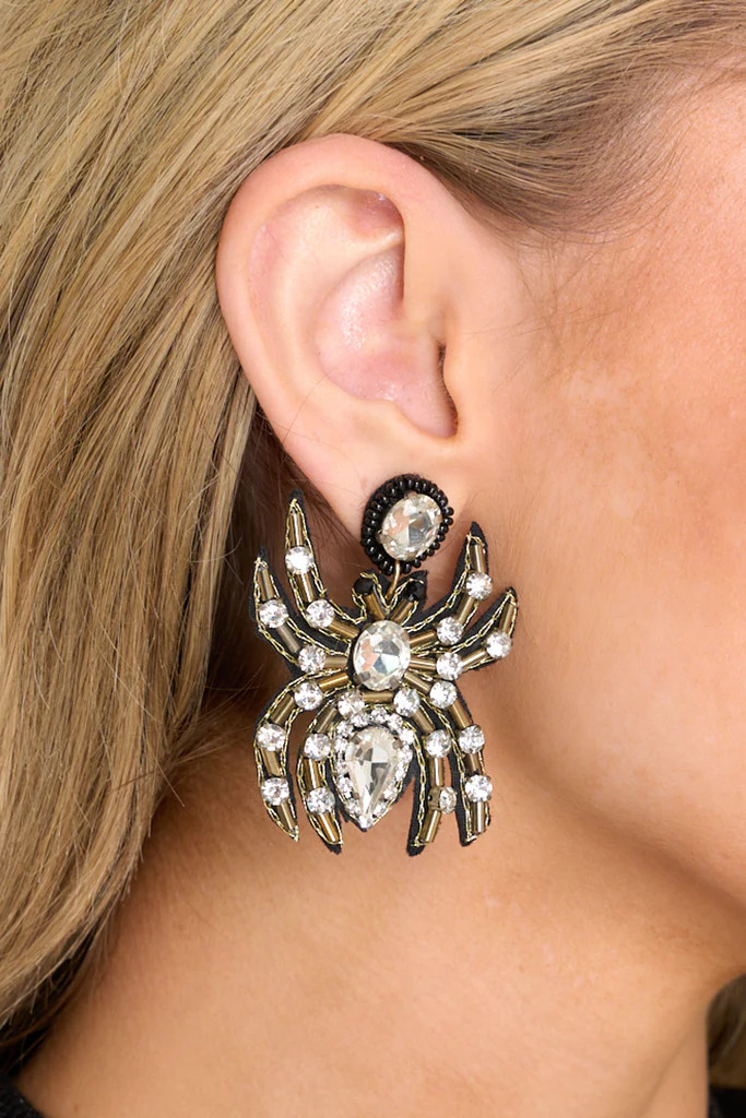 Bedazzled Spider Black Rhinestone Earrings | Red Dress 