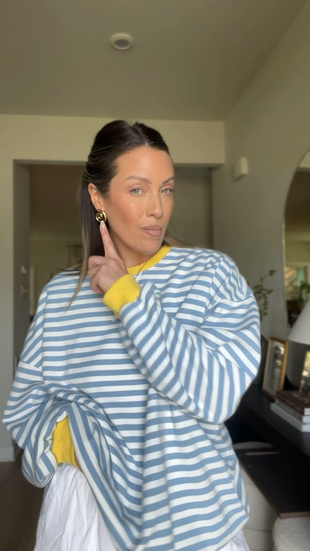 Amazon summer outfit / white linen pants are a medium, striped pullover is an XL (L prob would have been better?), and gold earrings are also Amazon !! 