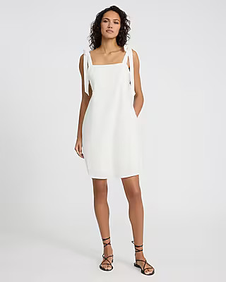 Linen-blend Square Neck Tie Strap Mini Shift Dress | Express