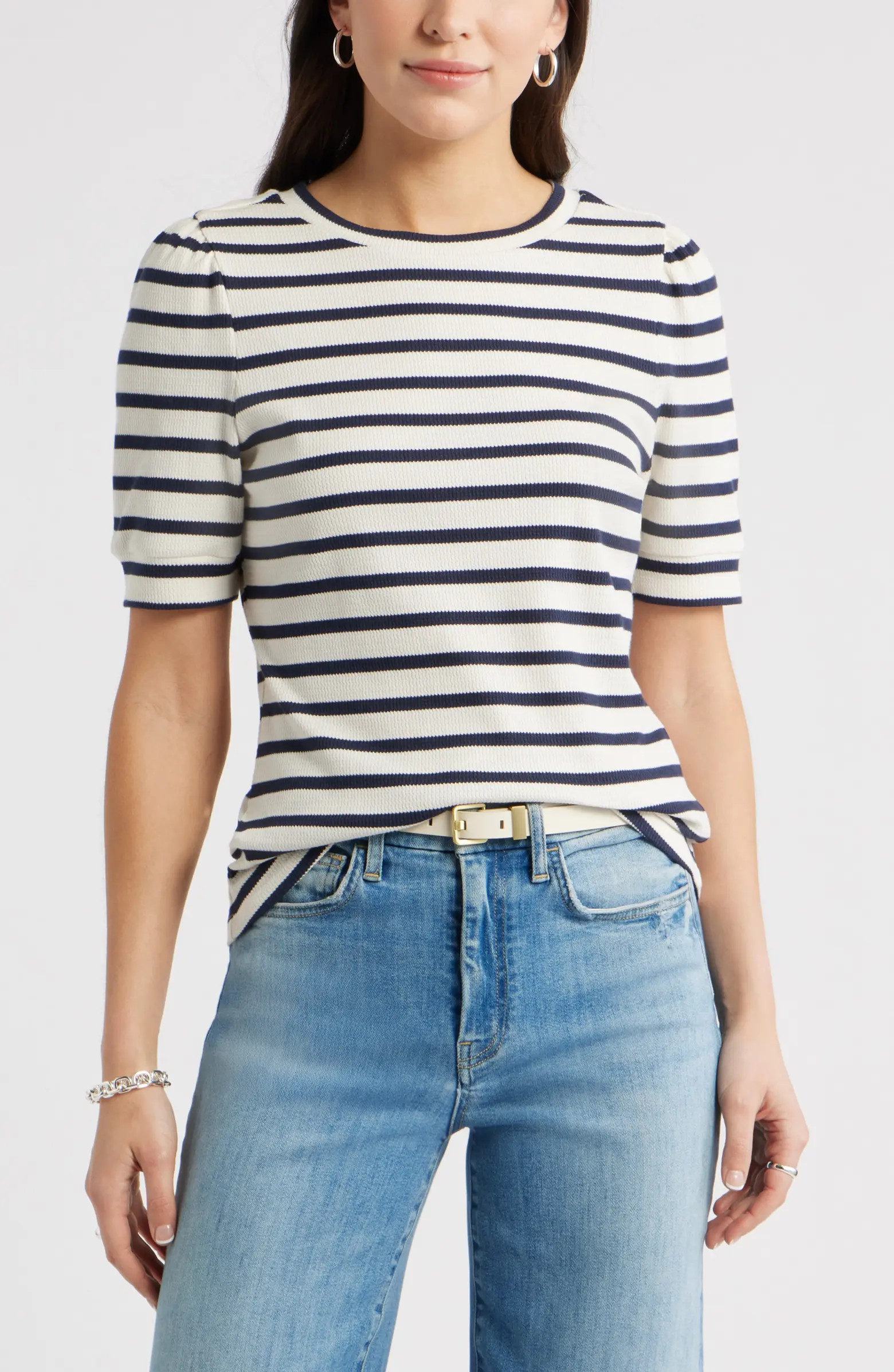 Stripe Elbow Sleeve Cotton Knit Top | Nordstrom
