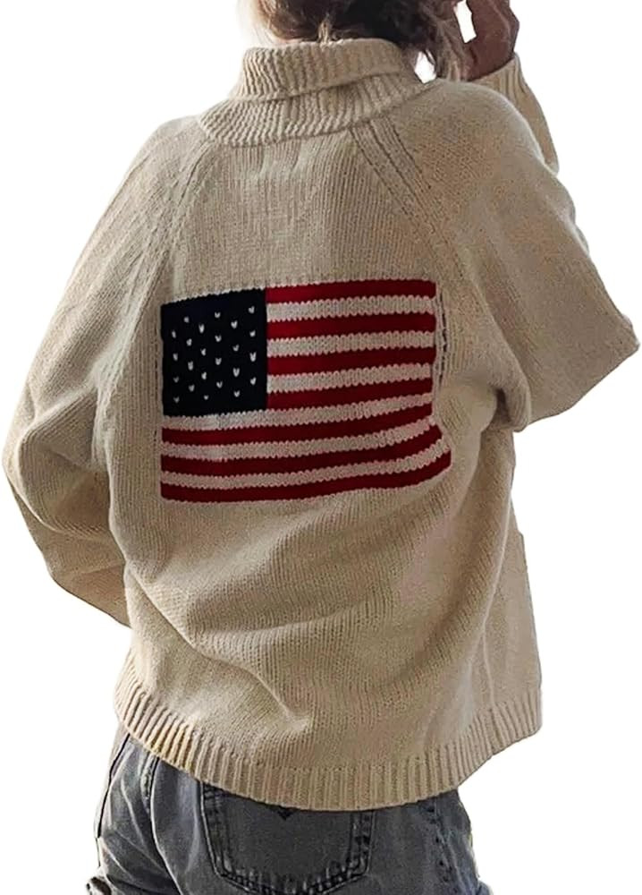 Women American Flag Cardigan Sweaters Y2k Long Sleeve Open Front Button Down Cardigans USA Flag K... | Amazon (US)