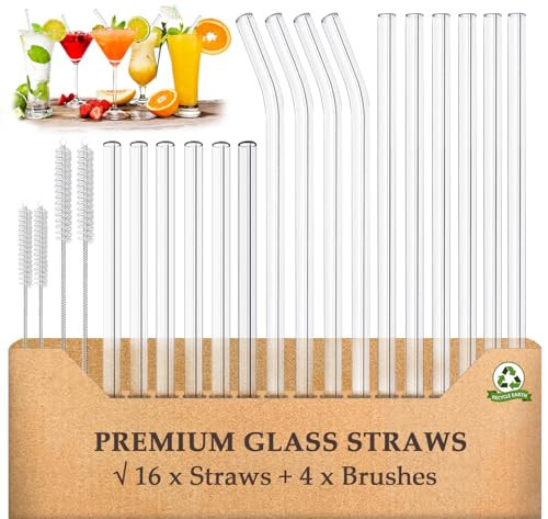 Glass Straws Drinking Reusable 20 Pack,Size 8.5''x10MM, 8.5’’x8MM and 6''x10MM,Glass Straws Shatter Resistant Including 12 Straight and 4 Bent with 4 Brushes, Reusable Glass Straw for Cocktail,Juice | Amazon (US)