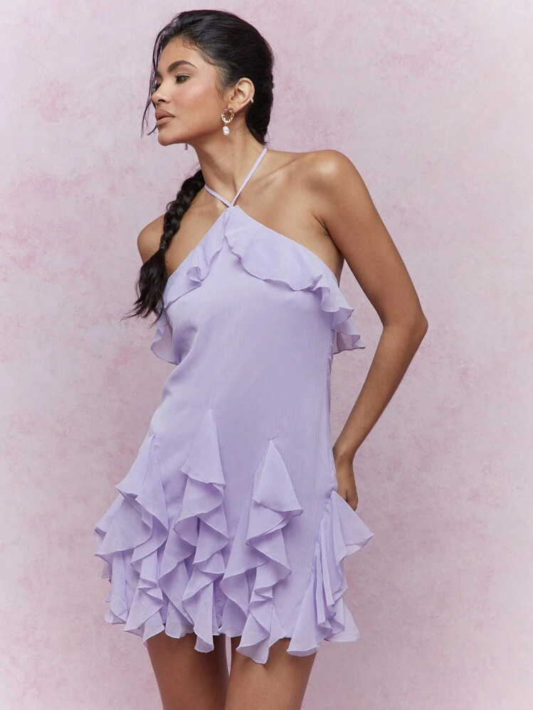MISSGUIDED Boho Frill Ruffle Halter Neck With Ruffle Hem Detail Georgette Mini Dress | SHEIN