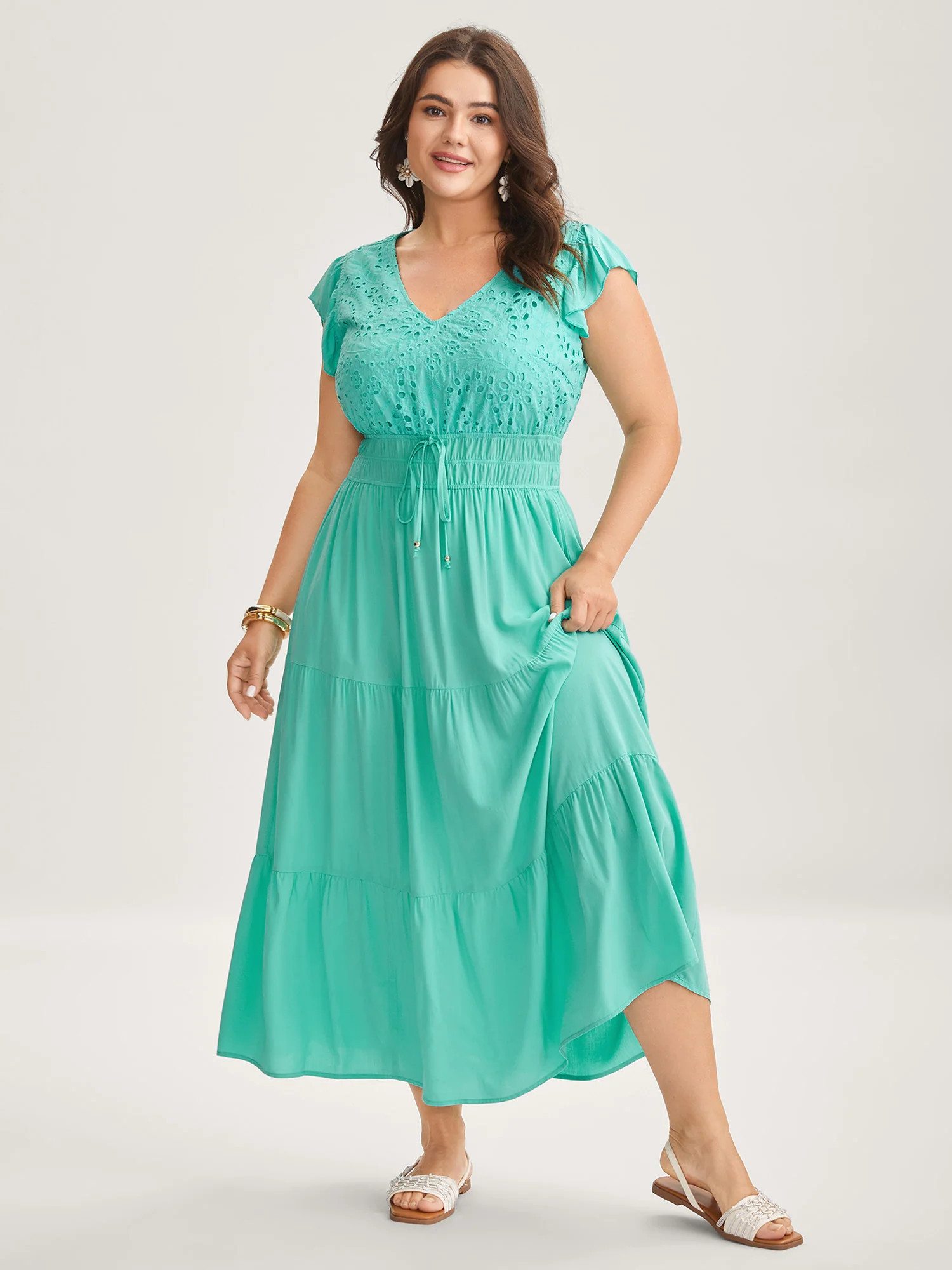 Cotton Embroidered Tie Pockets Midi Dress | Bloomchic