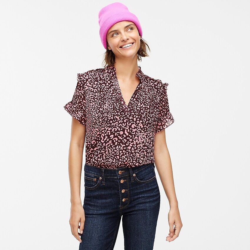 Short-sleeve ruffle top in leopard | J.Crew US