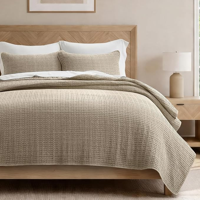 EverGrace Stonewashed Cotton Waffle Quilt Set, King Size, Hearth Taupe | Amazon (US)