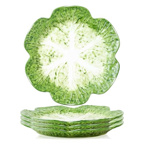 KXZ 10.5 Inch Cabbage Plates, Set of 4 Green Ceramic Salad Plate, Porcelain Decorative Plates for Kitchen, Round Appetizer Bowl for Dessert, Decorative, Dinner, Pancakes, Steak | Amazon (US)