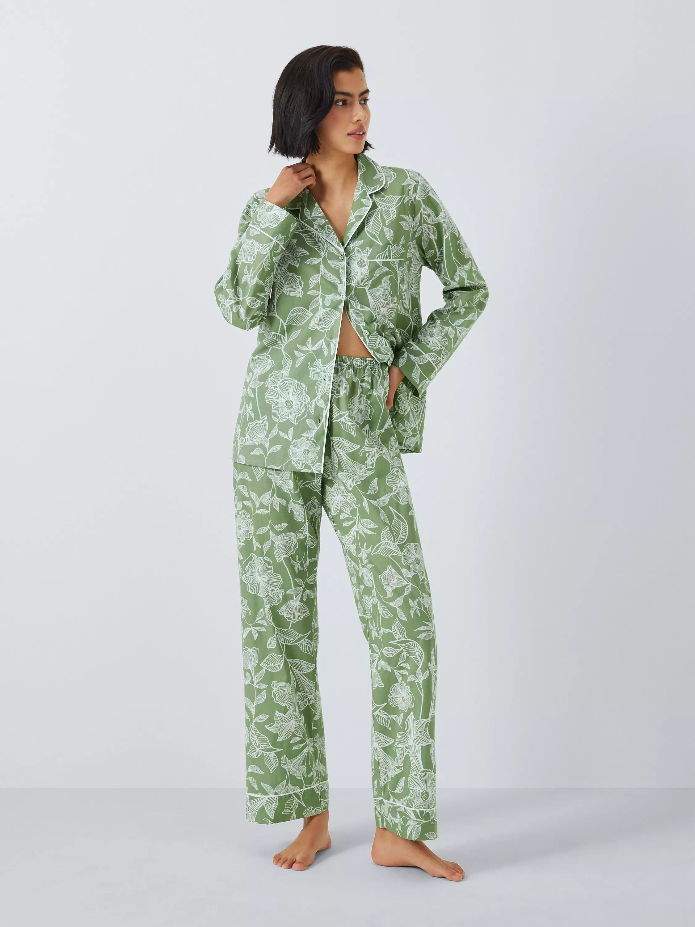 John LewisPoppy Floral Shirt Long Pyjama Set, Sage | John Lewis (UK)