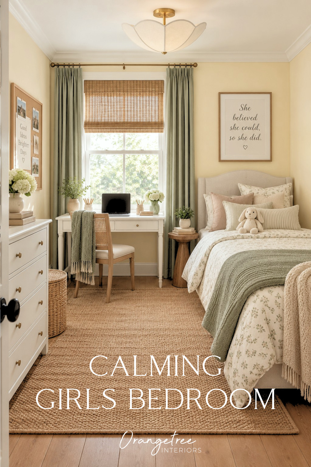 A calming girls’ bedroom designed to support rest, relaxation and focus. This tween bedroom pairs a soft, warm paint color with sage green curtains, natural woven textures, a cozy upholstered bed and a dedicated desk and study space. The result is a peaceful, functional girls’ bedroom that feels pretty and feminine without feeling too young. Shop the furniture, lighting, rug, window treatments and bedroom decor used to create this look.

#affiliate #GirlsBedroom #TweenBedroom #GirlsBedroomIdeas #TweenBedroomIdeas #CalmingBedroom #StudySpace 

 #LTKselfcare #LTKHome #LTKKids