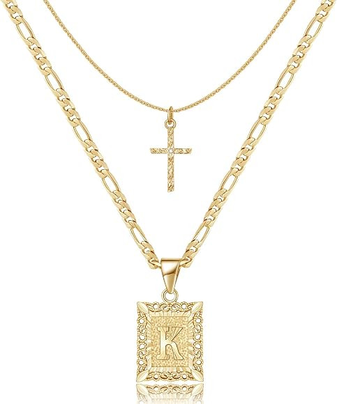 KELORIS PATH Gold Layered Initial Cross Necklace, 14K Gold Plated Layering Square Letter Pendant ... | Amazon (US)