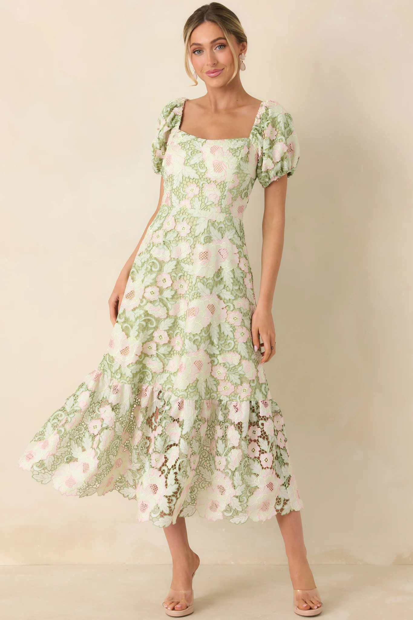 Garden Waltz Green & Pink Floral Lace Tie Back Midi Dress | Red Dress