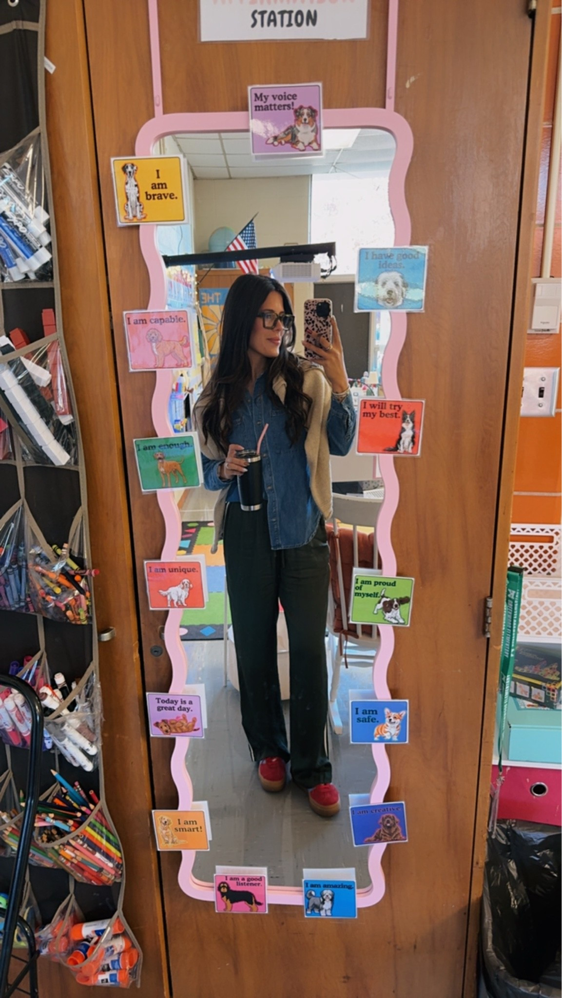 Teacher outfit - fall fashion, track pants, denim shirt