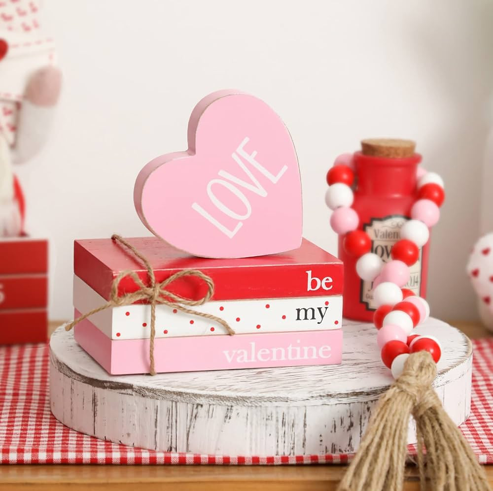 Valentines Day Tiered Tray Decor, 1 Valentine’s Day Wood Book Stack, 1 Bead Garland for Valenti... | Amazon (US)